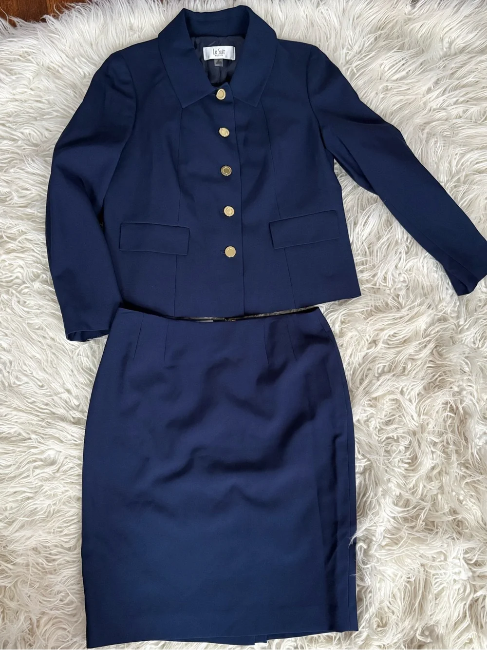 Le Suit Petite Navy Blue 2-Piece Skirt Suit Set Blazer & Pencil Skirt Size 6P